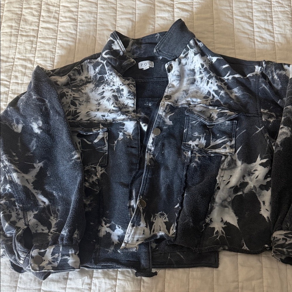 POL Black and White Tie-Dye Denim Jacket